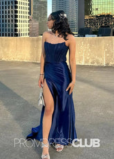 Nancy |Blue Long Prom Dresses Near Me With Mermaid Strapless High Slit - Price #price_variant_lowest# - Blue - PromDressClub